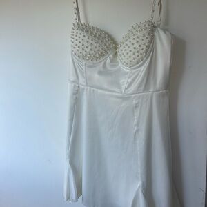 Chic White Satin Mini Dress with Pearl Accents